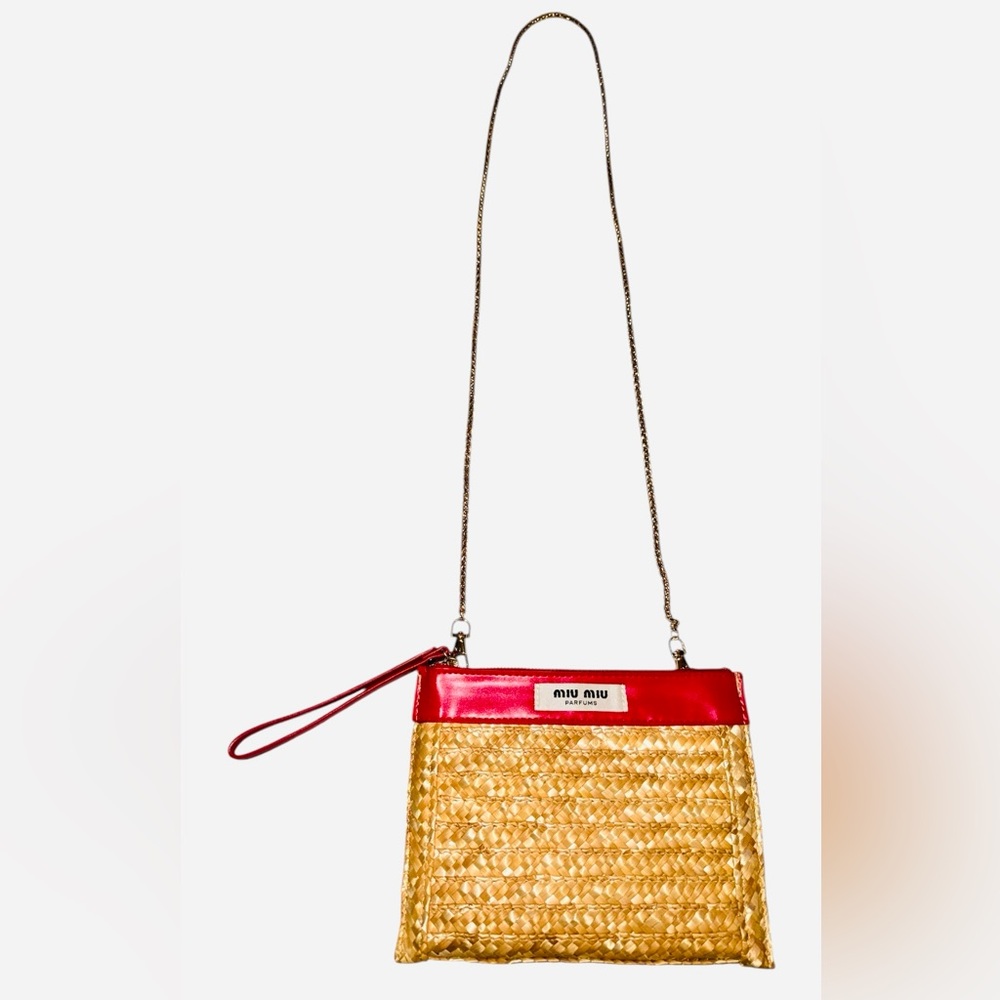 Miu Miu Red and Tan Woven Shoulder Crossbody Bag with Boxy Design GWP - Picture 2 of 7
